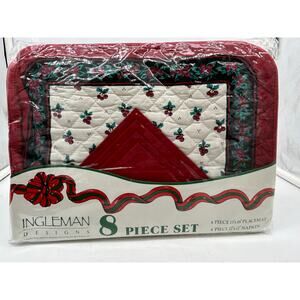 Ingleman Designs 8 Piece Set Holly berry Quilted Placemat  Napkin new old stock